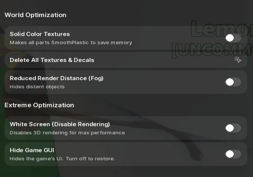 Savx Graphics menu showing texture, render-distance, White Screen, and Hide Game GUI options
