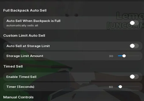 Savx Selling menu with full-backpack, storage-limit, and timed-sale settings