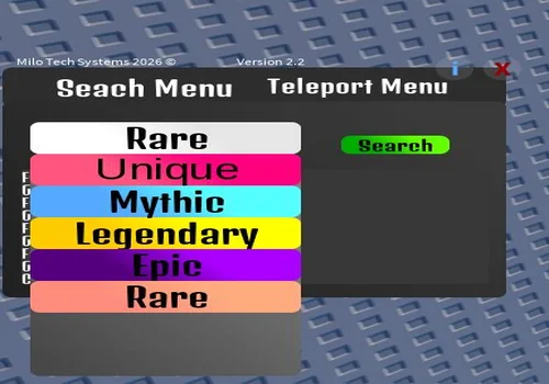 MiloTech Systems Fruit Forager menu with a rarity selector and Search button