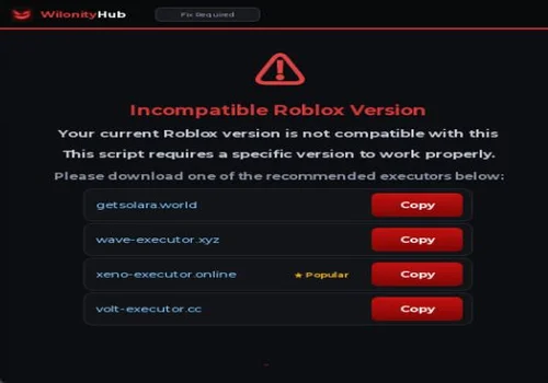 Wilonity Hub compatibility popup recommending replacement executor downloads