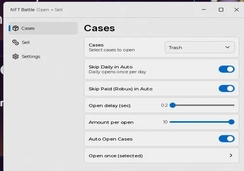 BobloScript NFT Battle auto open and auto sell interface