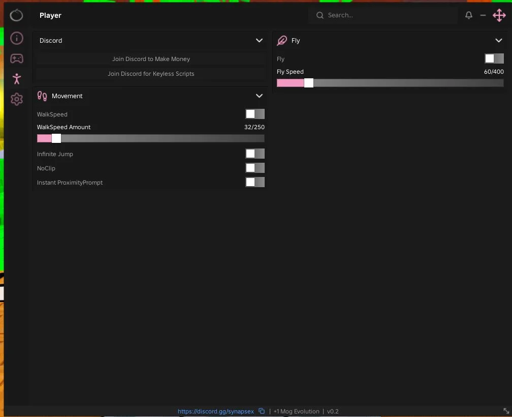 Ouroboros Player tab with WalkSpeed, Infinite Jump, NoClip and Fly options