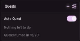 Airflow Quests panel with Auto Quest on, Quests turned in 18/20 and Nothing left to do