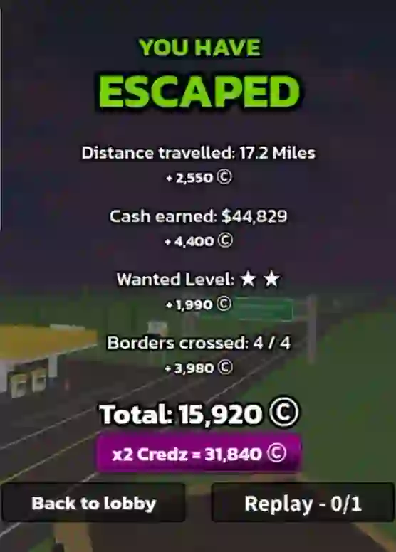 Successful RUNAWAYS escape showing four borders and Credz reward