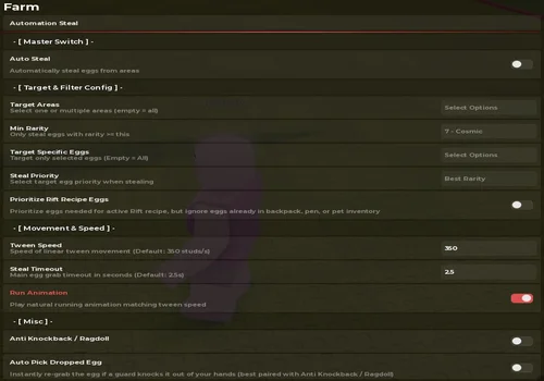 SpeedHub X menu in Steal An Egg