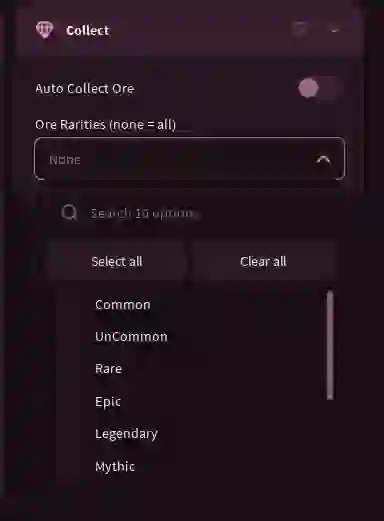 Ouroboros Collect tab with Auto Collect Ore and the Ore Rarities filter from Common to Mythic