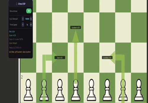 Chess ESP panel with Show Arrows, ELO Strength, Think Speed and analysis info