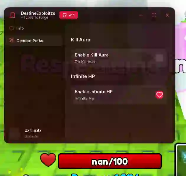 Destine Scripts menu with Kill Aura and Infinite HP enabled and the health bar showing nan/100