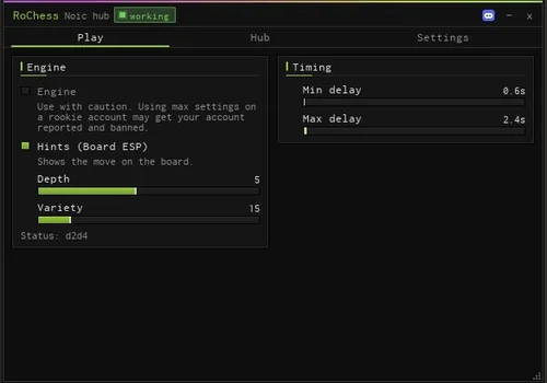 Noic Hub RoChess menu with Engine, Hints (Board ESP), Depth and delay settings