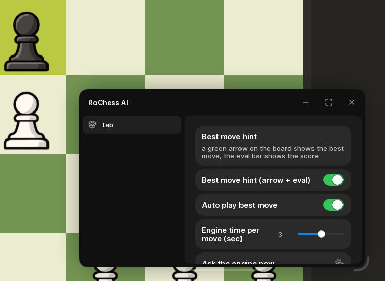 RoChess AI tab with best move hint, auto play and engine time per move