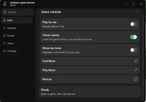 Diablo menu with Play for me, puzzle, FEN and study board controls