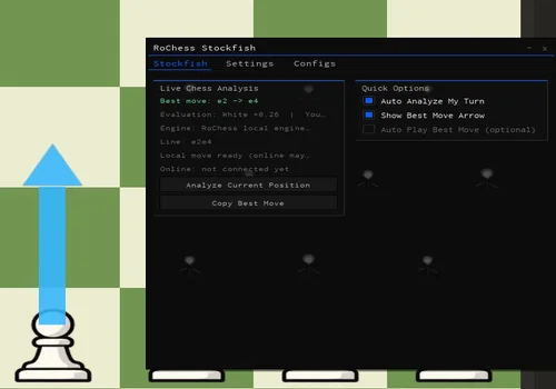 PuckAFK live chess analysis panel with best move, engine status and auto play options