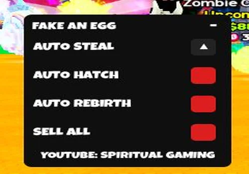 Spiritual Gaming Fake an Egg menu with Auto Steal, Auto Hatch, Auto Rebirth and Sell All