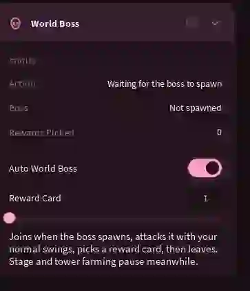 Ouroboros World Boss tab with Auto World Boss on and the status Waiting for the boss to spawn