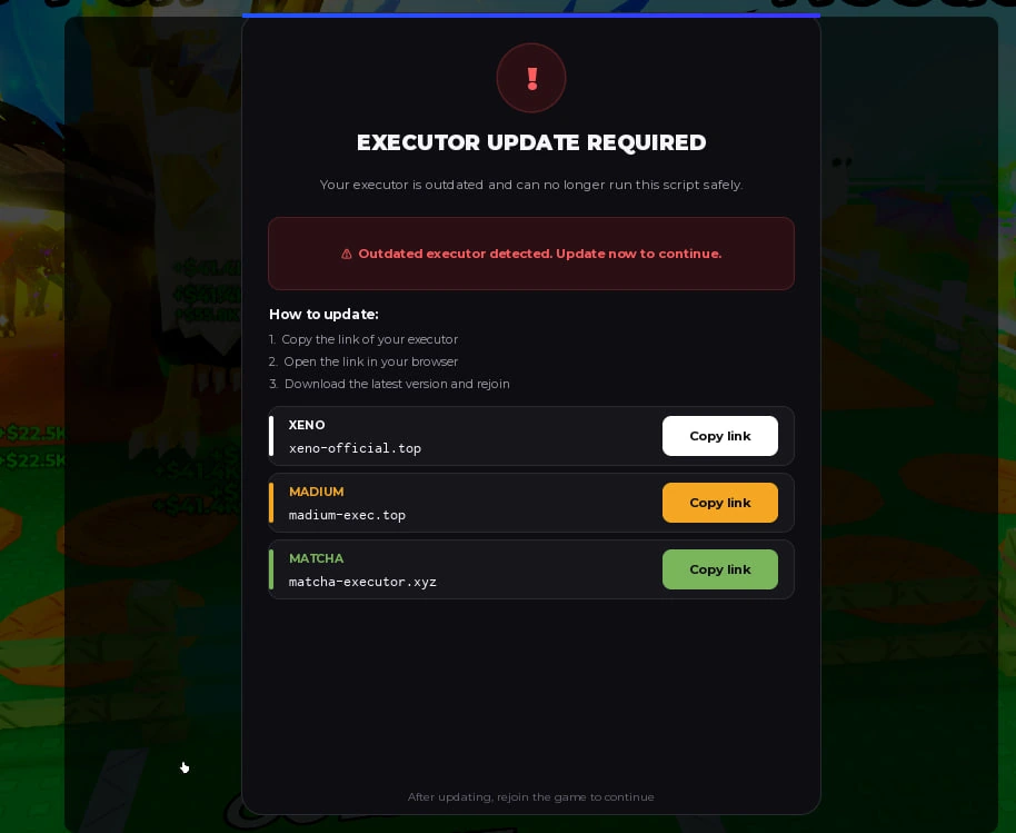 Fake Executor Update Required screen advertising deceptive executor download links