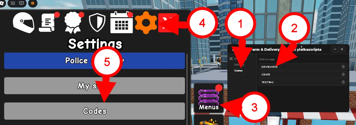 Annotated Kukirin Life screenshot showing a code button and the Menus, Settings and Codes buttons