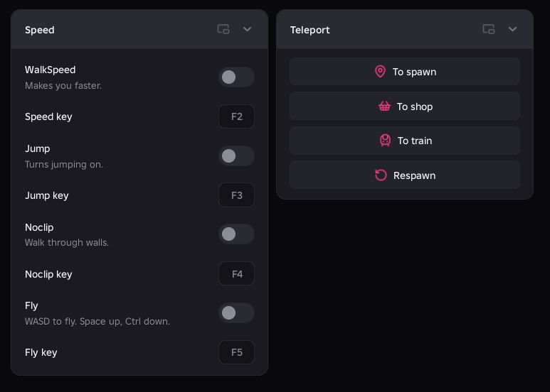RailSide movement panel with WalkSpeed, Jump, Noclip, Fly and teleport buttons