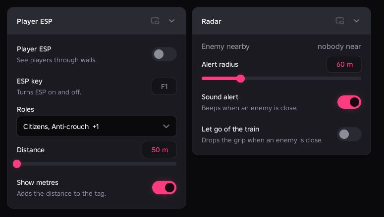RailSide hub with role filters, ESP distance and nearby enemy alerts