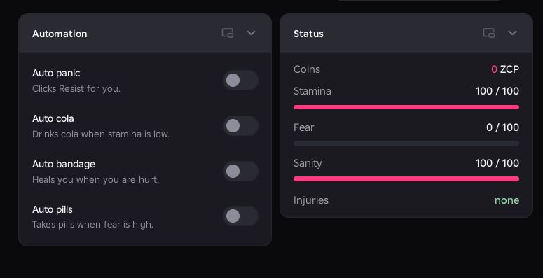 RailSide survival switches and the Coins, Stamina, Fear, Sanity and Injuries status panel