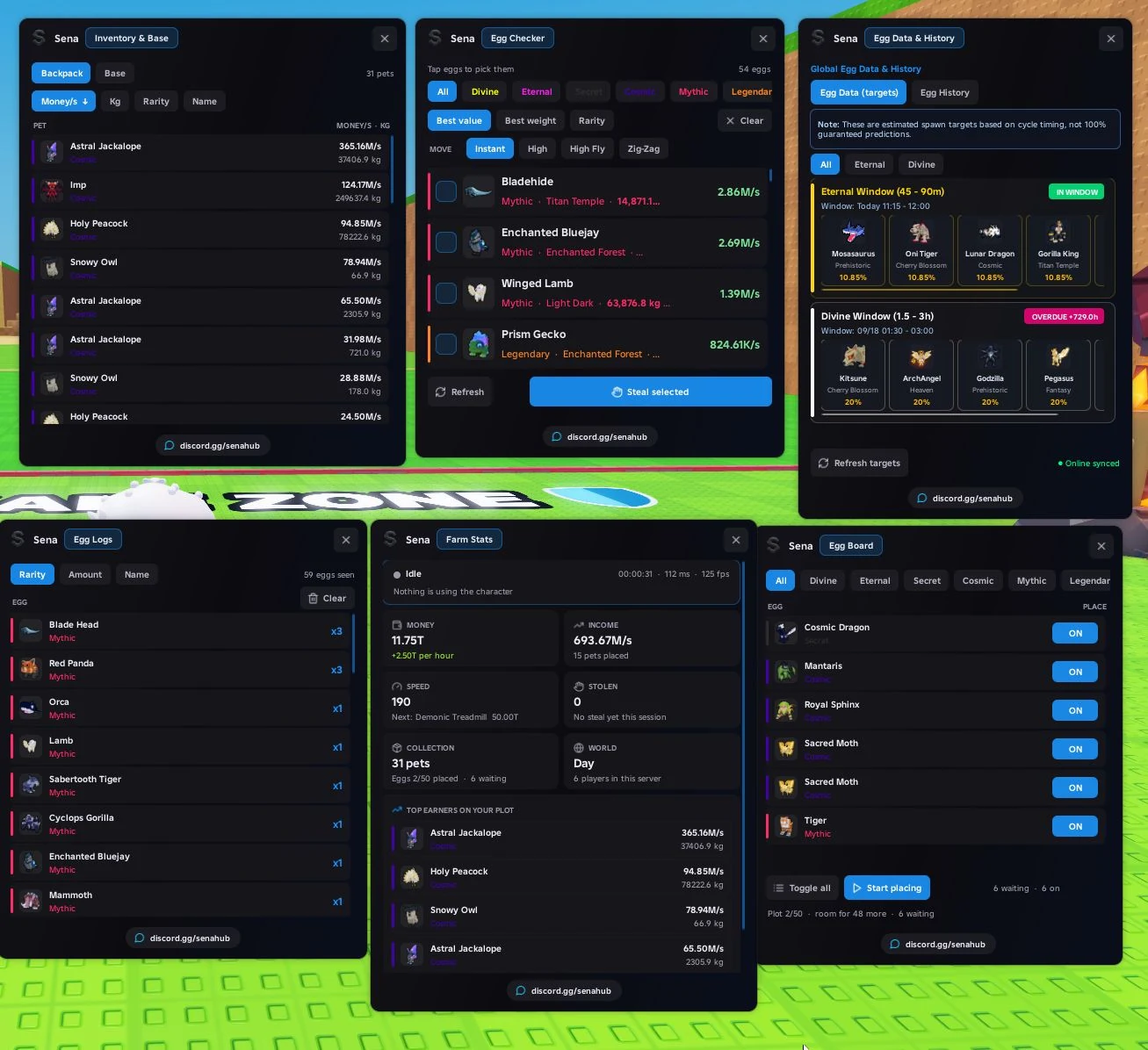 Sena inventory, egg checker, spawn-window estimates, egg logs, farm statistics and egg board windows